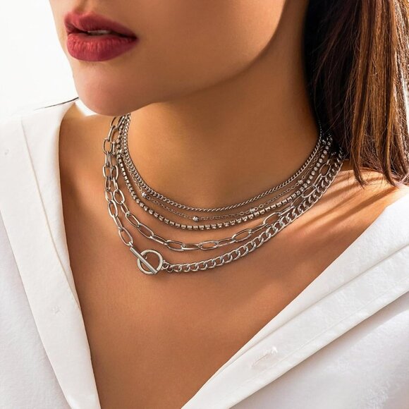 Layered Gold Necklace for Women Non Tarnish Chunky Paperclip Heart Pendant Set - Picture 3 of 8